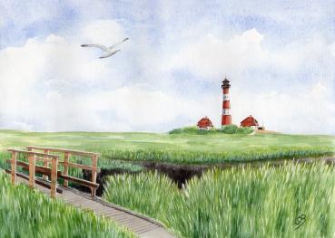 Postcard DIN-A5 Watercolor Maritime Art Print North Sea St. Peter Ording SPO Westerhever Lighthouse Ocean Beach